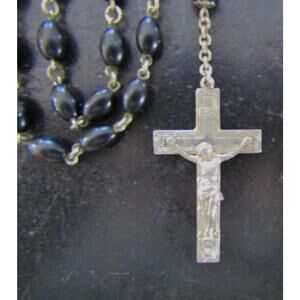 Vintage Rosary with Onyx or Hematite beads and the Virgin Mary 42"